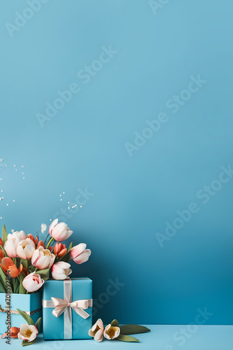 Top view gift box on blue background with spring flowers, Mother's day, birthday, March 8 and Women's Day banner concept with copy space for text