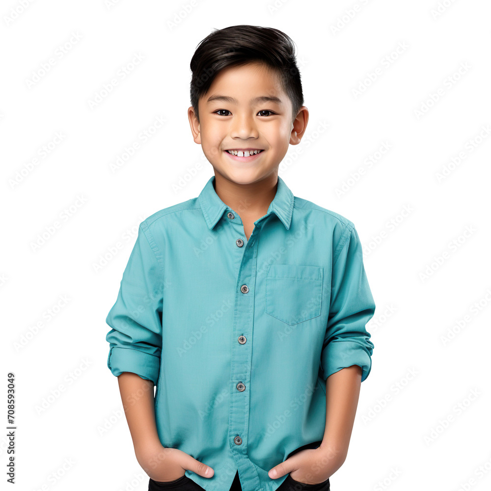 Front view mid shot of a 10-year-old Asian boy dressed in a turquoise button-down shirt and dark wash jeans, smiling on a white background. Front view mid shot of a 10-year-old Asian boy dressed in a turquoise button-down shirt and dark wash jeans, smiling on a white background.
