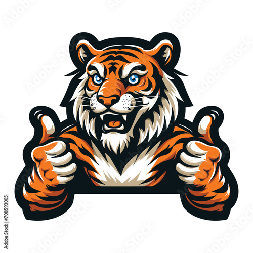 cartoon tiger giving thumbs up mascot character design vector, logo template isolated on white background