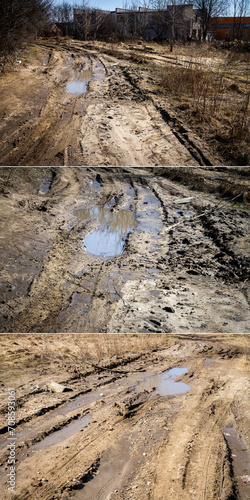 Collection of images with deep car rut on a dirt road