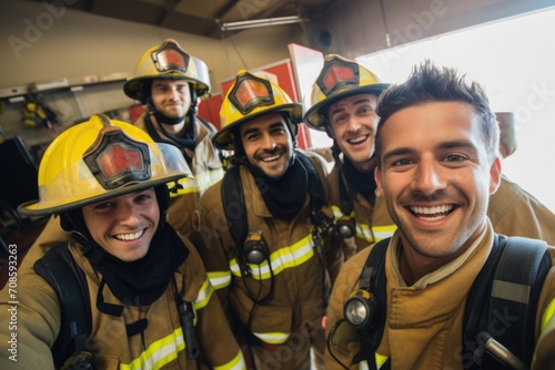 Smiling firefighters taking a selfie at the fire station