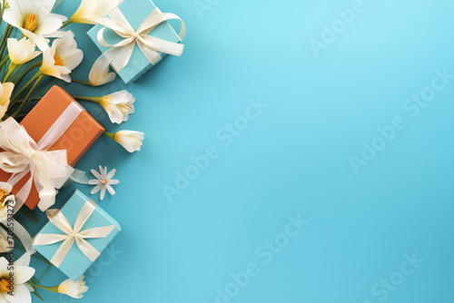Top view gift box on blue background with spring flowers  Mother s day  birthday  March 8 and Women s Day banner concept with copy space for text