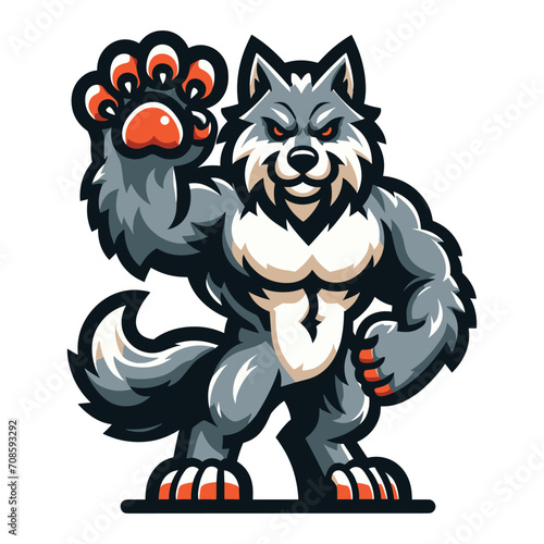Strong body muscle wild beast wolf fox dog mascot design vector illustration, logo template isolated on white background