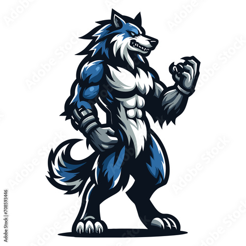 Strong body muscle wild beast wolf fox dog mascot design vector illustration, logo template isolated on white background
