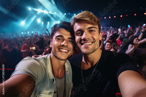 Smiling male gay couple taking a selfie at a concert