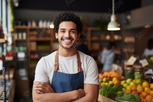 Portrait of a young man working in healthy food store