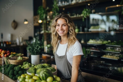 Portrait of a young woman working in healthy food store photo