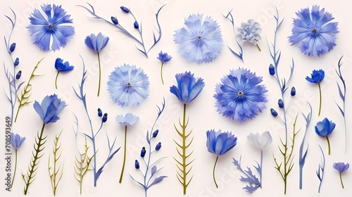 Vegetative composition with flower of blue cornflowers in flat lay style and top view. photo