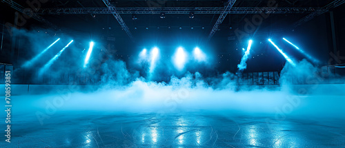 Sci-fi futuristic background with neon spotlights  smoke.Ice Rink.Professional Arena  Scene. Winter poster for hockey competitions. Ice skating. Stadium. Generative ai