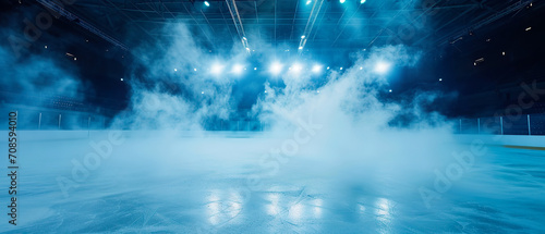 Sci-fi futuristic background with neon spotlights, smoke.Ice Rink.Professional Arena, Scene. Winter poster for hockey competitions. Ice skating. Stadium. Generative ai