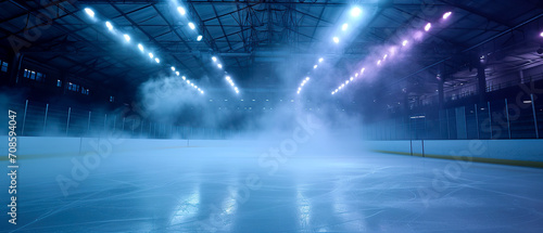 Sci-fi futuristic background with neon spotlights, smoke.Ice Rink.Professional Arena, Scene. Winter poster for hockey competitions. Ice skating. Stadium. Generative ai © Inai