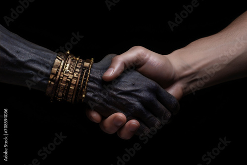 Integration of Organic and Artificial: Human Fingers Wrapped Around a Robotic Wrist, Signifying Unity, black man hand. Copy space.