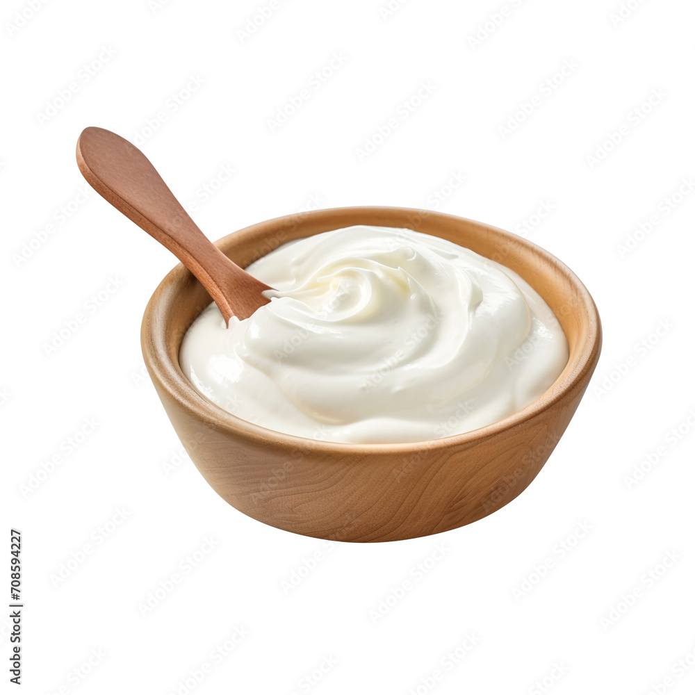 Wooden bowl with sour cream mayonnaise and yogurt with spoon isolated on transparent background Remove png, Clipping Path, pen tool Wooden bowl with sour cream mayonnaise and yogurt with spoon isolated on transparent background Remove png, Clipping Path, pen tool
