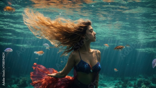 A girl in a mesmerizing underwater world filled with vibrant colors and graceful movements, as a lone jellyfish glides through the crystal clear waters