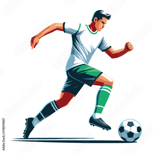 soccer player men athlete vector design, colourful style football game male player illustration, player kicking ball template isolated on white background