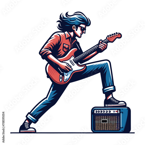 Musician playing electric guitar, rockstar guitarist design vector illustration, guitar-playing isolated on white background