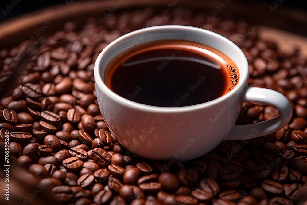 Fototapeta premium Coffee cup with coffee beans on a wooden table, close up shot