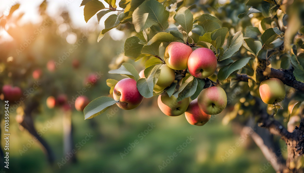 Fototapeta premium Beautiful Fruit farm with apple trees, Branch with natural apples on blurred background of apple orchard.