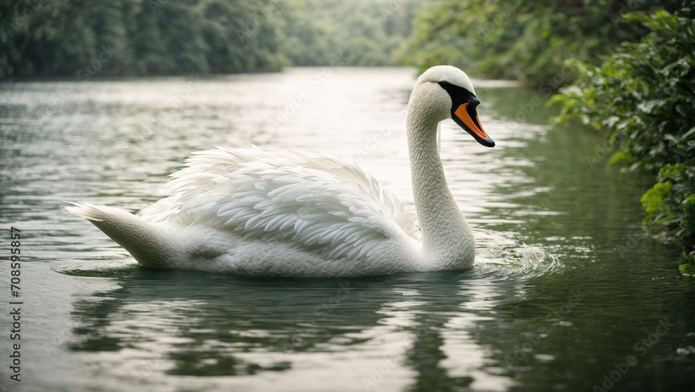 Fototapeta premium a lush greenery, a pure white swan floating in the water peacefully, its feathers ruffled by a gentle breeze