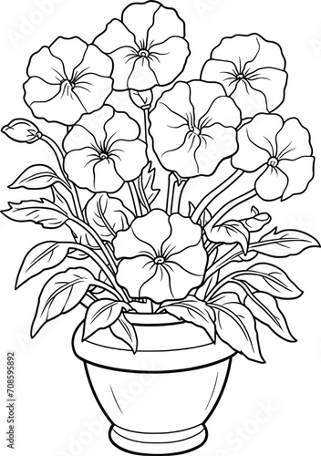 Hand-drawn petunia flower coloring page, black and white vector illustration