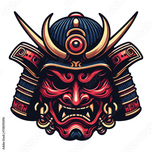 Demon Oni mask with samurai helmet design vector illustration. Traditional Japanese culture. Tattoo print. illustration for t-shirt print, fabric and other uses. Isolated on white background