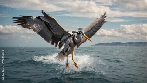 With its wings spread, a beautiful great heron soars above the immense expanse of the ocean. photo