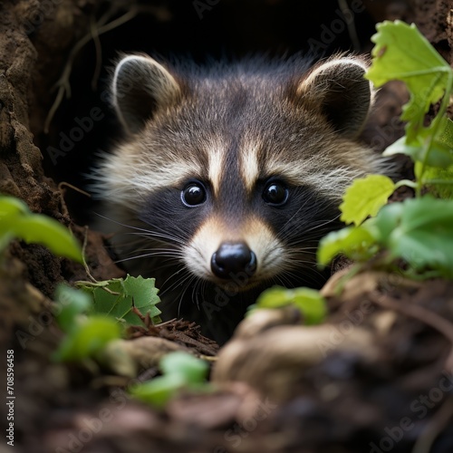 Photo of a baby raccoon peeking out of a tree hollow. Generative AI