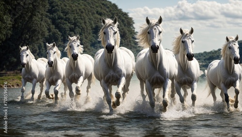 A majestic herd of pure white horses galloping through the crystal clear waters, their manes flowing in the wind and water splashing all around them