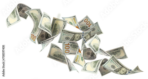 Flying 100 American dollars banknotes, cut out