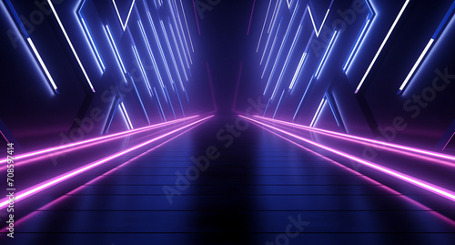 neon lights on a dark blue floor with purple and pink stripes photo