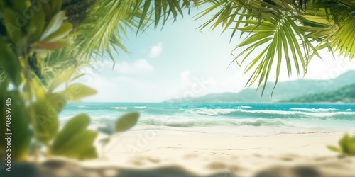 beach with palm tree, blurry sea, sand, Trees around the photo