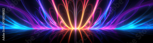 Ultra-wide composition, neon lights with an inner glow electrify the canvas against a sleek black background, creating a mesmerizing interplay of vibrant hues that illuminate the scene