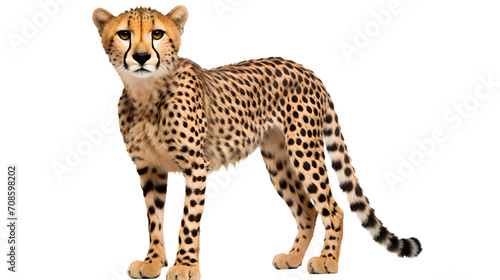 A fierce cheetah, with sleek fur and sharp whiskers, commands attention as it stands boldly against a dark backdrop, embodying the raw power and grace of the majestic big cats of the wild
