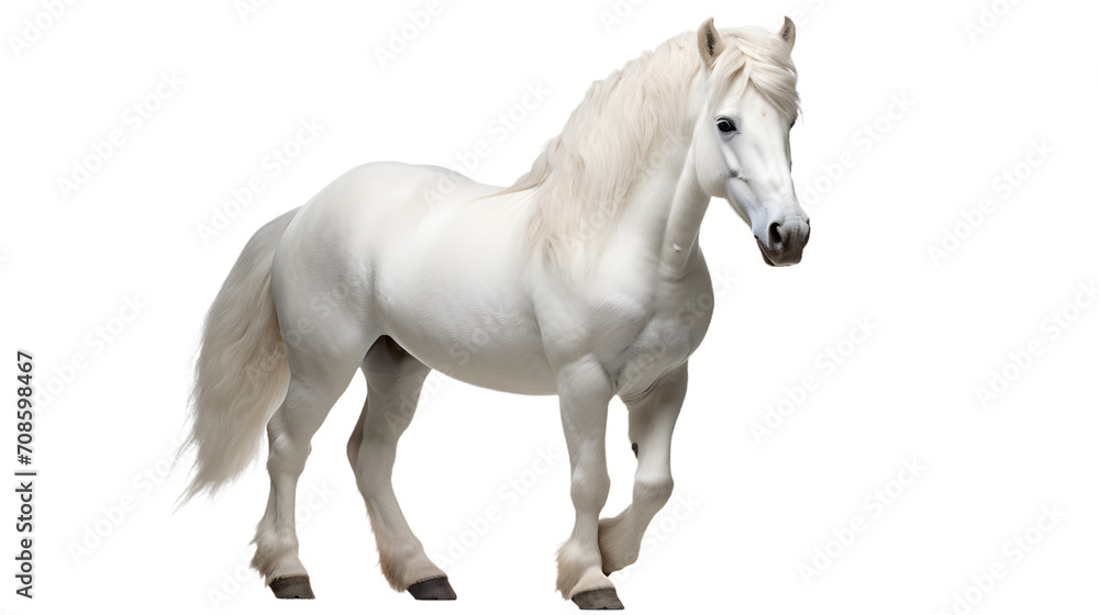 A majestic white stallion gallops through a field, its long mane flowing in the wind, embodying grace and strength as a symbol of freedom and untamed beauty