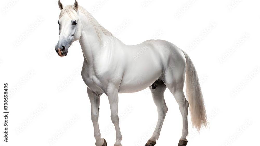 A majestic white mare stands proudly on a dark canvas, her flowing mane and powerful snout embodying the grace and strength of a wild mustang horse A majestic white mare stands proudly on a dark canvas, her flowing mane and powerful snout embodying the grace and strength of a wild mustang horse