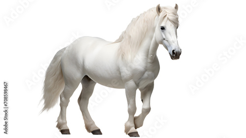 A majestic white stallion gallops through a field, its long mane flowing in the wind, embodying grace and strength as a symbol of freedom and untamed beauty