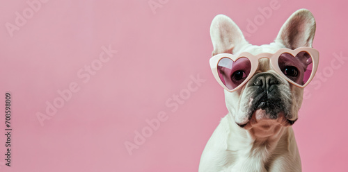 A charming French Bulldog wearing heart-shaped sunglasses brings a touch of whimsy and affection to a vibrant pink backdrop