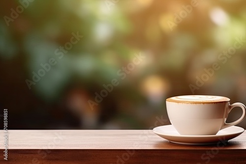 The coffee cup banner is isolated on the tabletop, blur background. 
