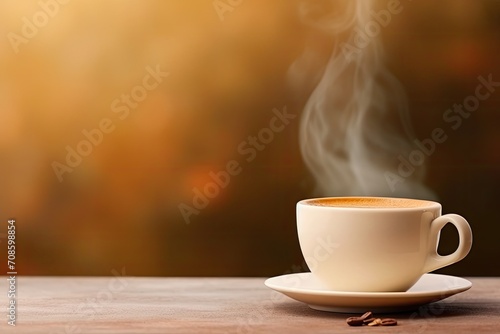 The coffee cup banner is isolated on the tabletop, blur background. 