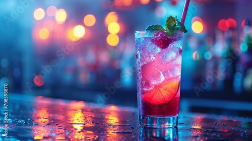 Neon Lit Cocktail on Bar. Iced cocktail with garnish on a bar with bokeh lights.