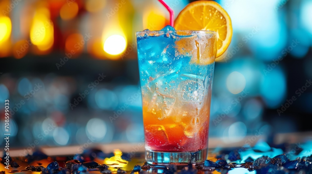Chilled Summer Cocktail on Bar Counter.
A refreshing summer cocktail with a gradient of colors, garnished with a slice of orange, against a backdrop of a busy bar. Chilled Summer Cocktail on Bar Counter.
A refreshing summer cocktail with a gradient of colors, garnished with a slice of orange, against a backdrop of a busy bar.