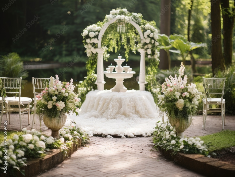 serene outdoor wedding venue, an elegant podium stands at the center of a blooming garden