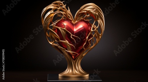 A dazzling heart-shaped award trophy in shades of gold and crimson, embodying triumph and honor, showcased with elegance against a background of flawless white.