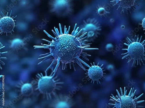 Microscopic view of viruses, science research and medical exam concept