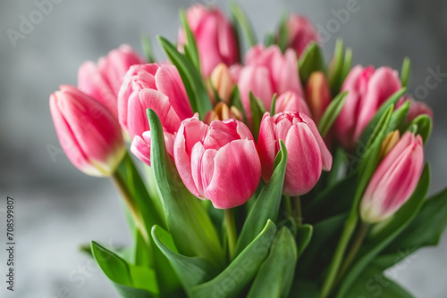 Background of pink and white tulips in close-up.
