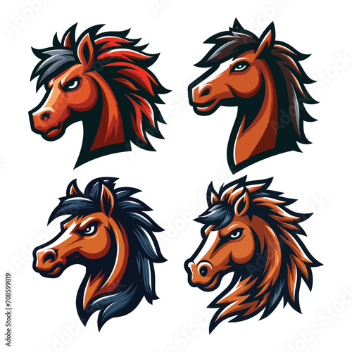 set of brave strong animal horse head face mascot design vector illustration  logo template isolated on white background