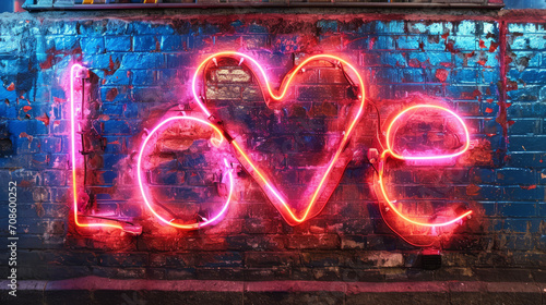 Pink glowing neon sign on wall with heart and love text for Valentines Day