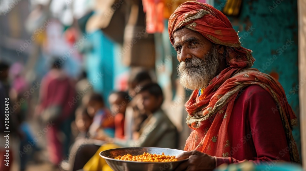 elderly hindu man with carries cooked food distributed by volunteers, looks at the camera, banner