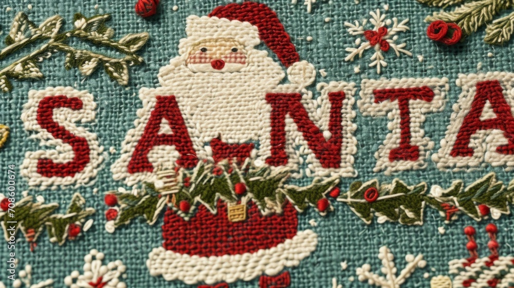 Knitted Christmas and New Year wool pattern with word Santa. Christmas joys with knitted ornaments. Close-up of Sweater Design. Knitted Christmas and New Year wool pattern with word Santa. Christmas joys with knitted ornaments. Close-up of Sweater Design.