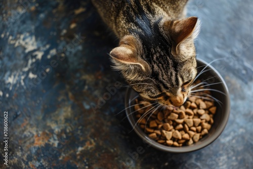 top view, photo of a cat eating from a bowl of food,